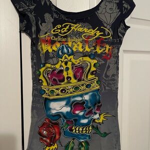 Ed Hardy Kids Tee with Skull and Crown Design - Black and Blue